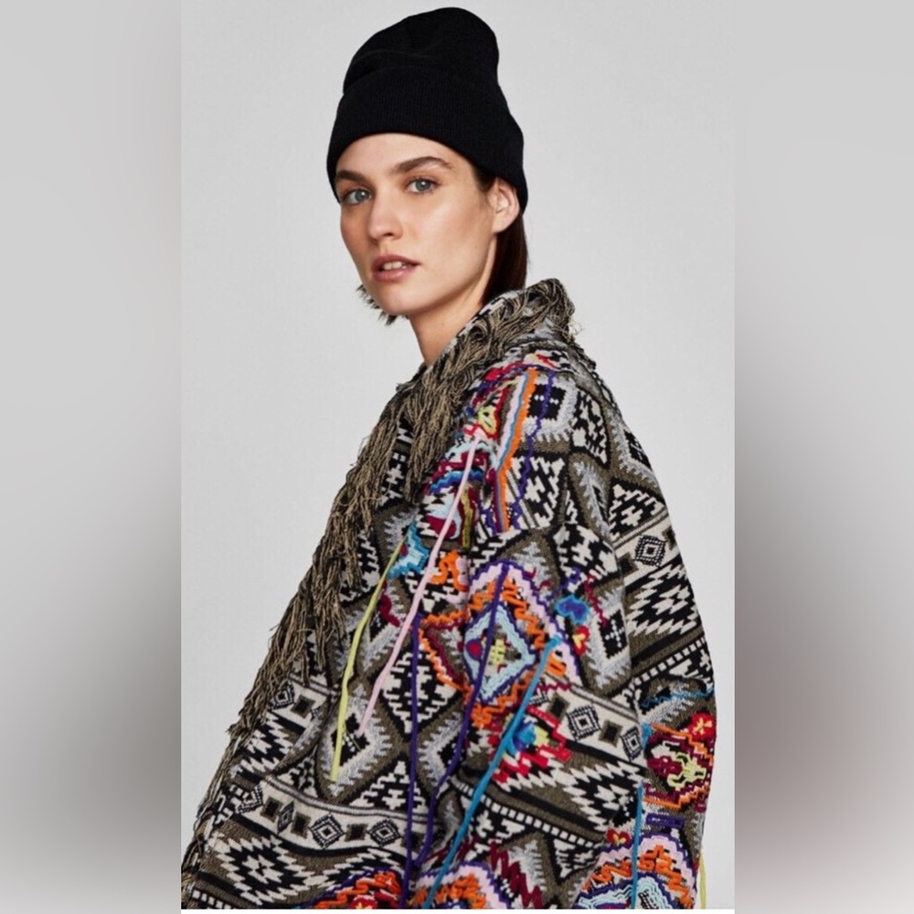 Zara Aztec Inspired Fringe Coat NWT